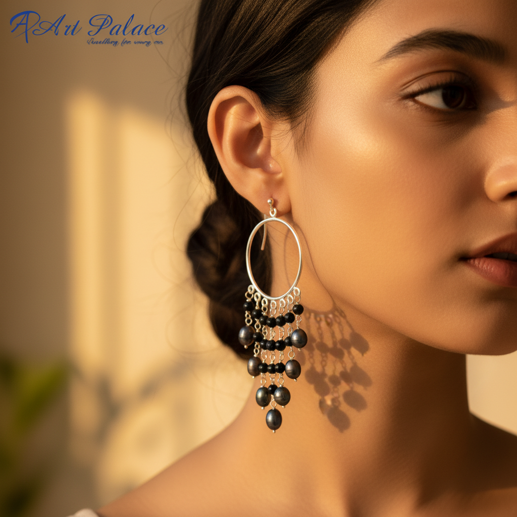 925 Silver Pearl & Black Bead Dangle Earrings for Women