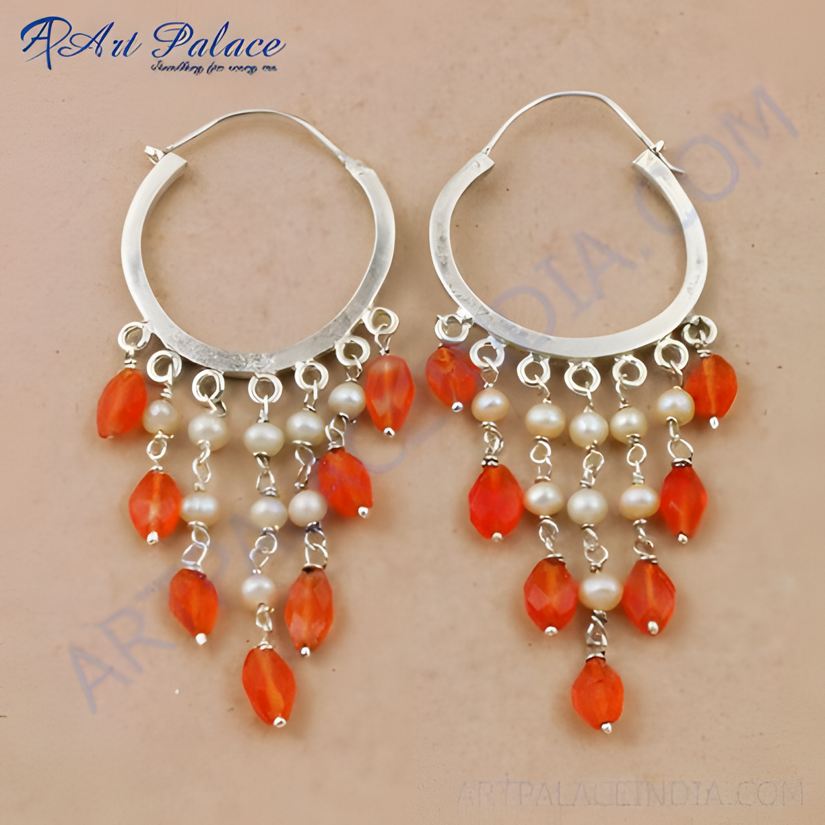 925 sterling silver drop earrings with orange beads and white pearl accents