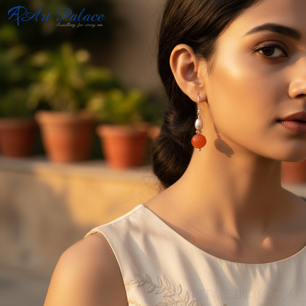 925 Silver Red Carnelian & Pearl Drop Earrings for Women
