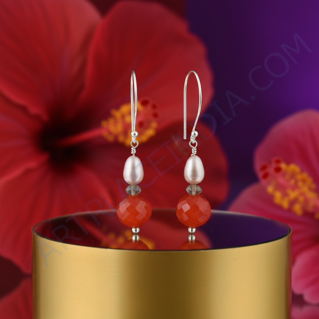 925 Silver Red Carnelian & Pearl Drop Earrings for Women