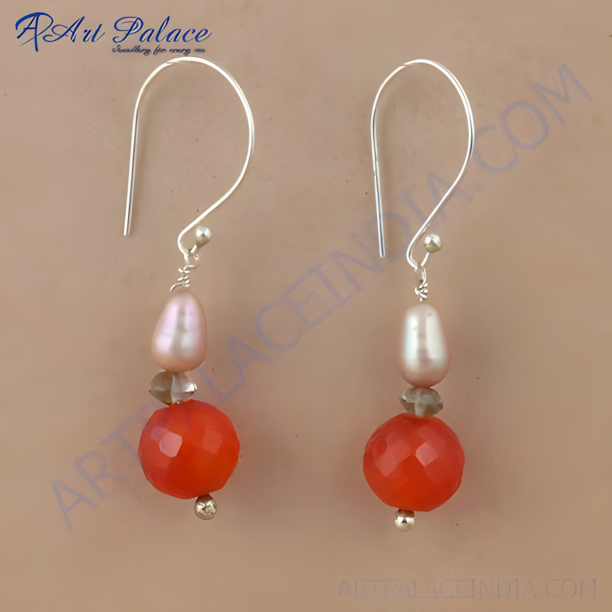 925 sterling silver drop earrings featuring red carnelian and pearl beads for women