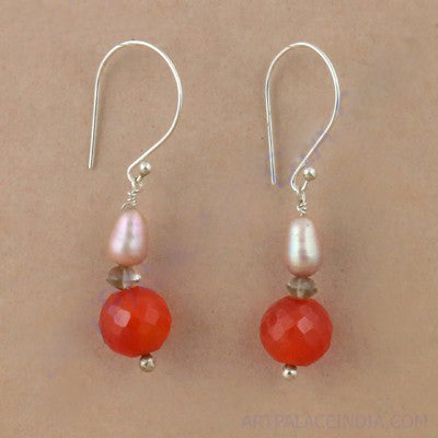 925 Silver Red Carnelian & Pearl Drop Earrings for Women