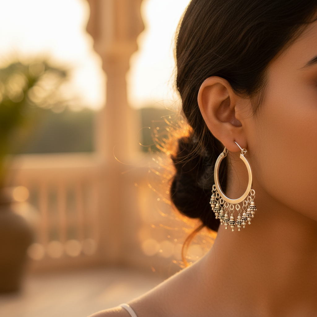 Silver beaded hoop earrings for women | dangle earrings