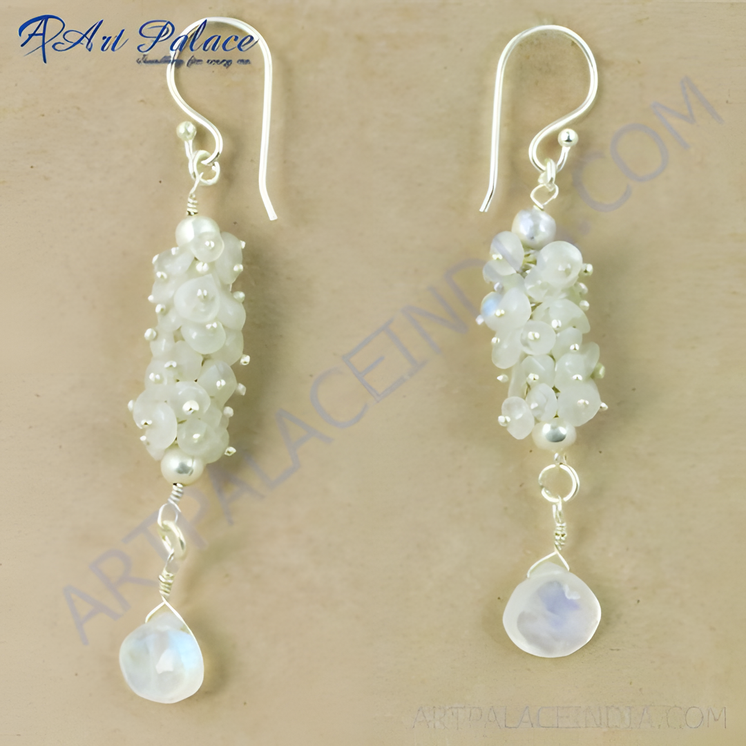 925 sterling silver dangle earrings with clustered moonstone beads and pear-shaped drops