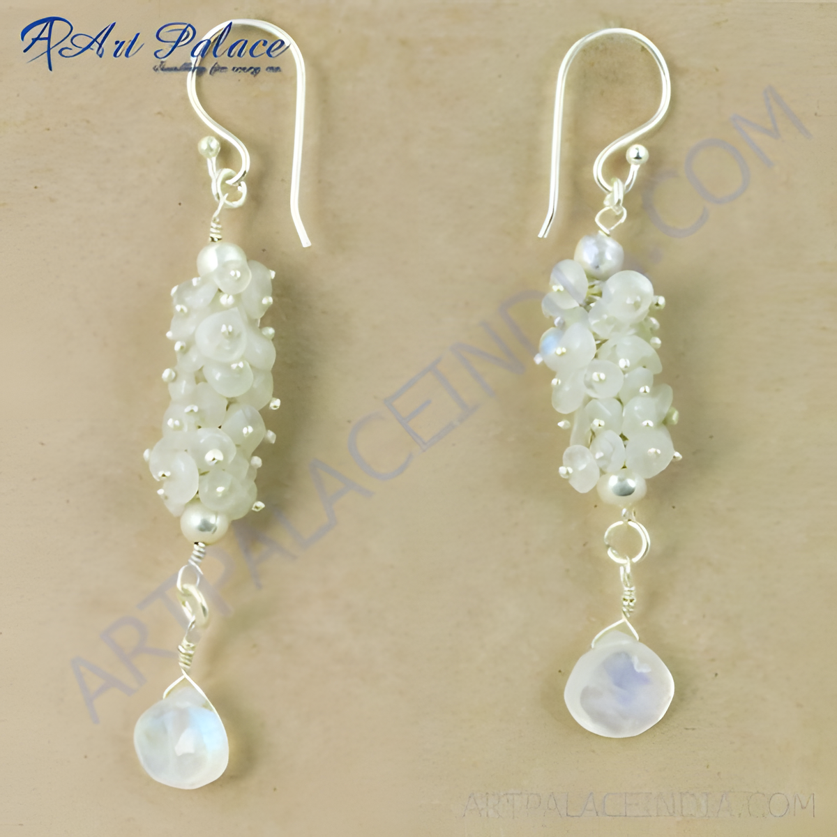 925 sterling silver dangle earrings with clustered moonstone beads and pear shaped drops