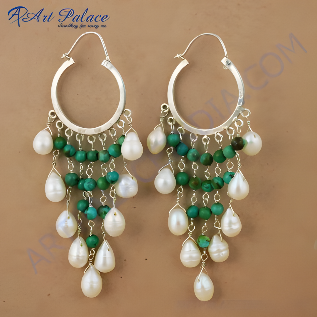 925 sterling silver dangle earrings with white pearls and turquoise beads.