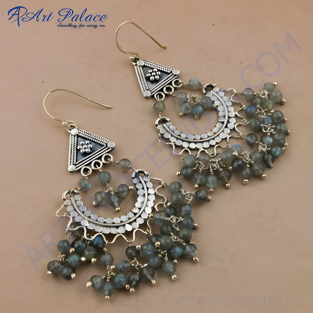925 sterling silver dangle earrings with labradorite gemstones and intricate detailing, displaying a unique bohemian style.