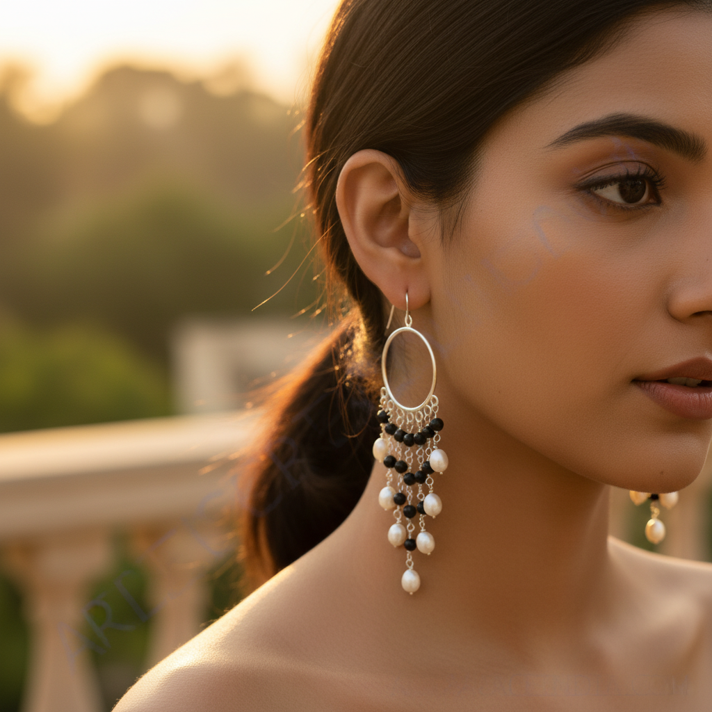 925 Silver Pearl & Onyx Bead Chandelier Earrings for Women