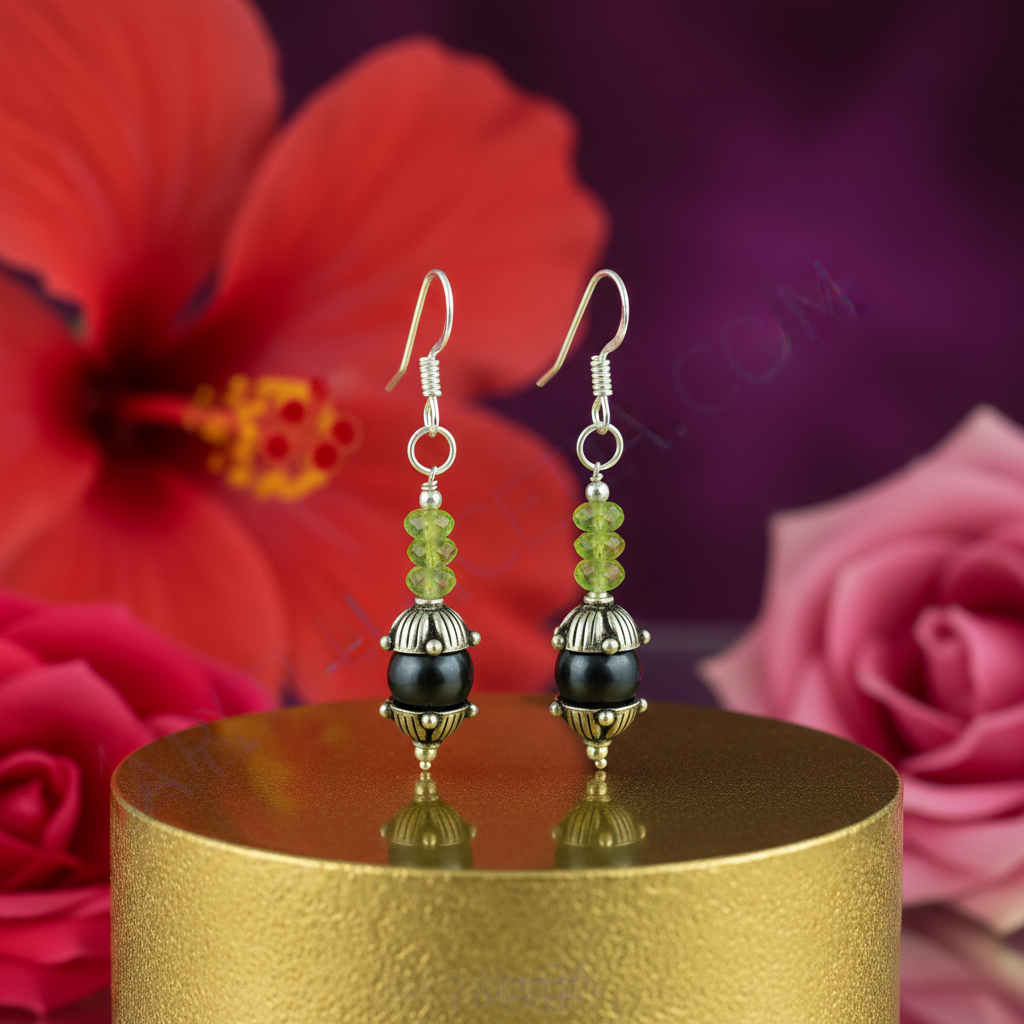 925 Silver Peridot & Black Pearl Drop Earrings for Women