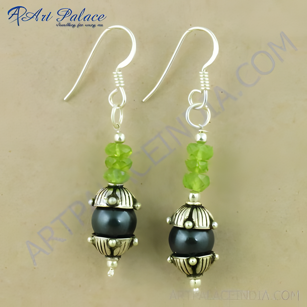925 sterling silver drop earrings with green peridot and black pearl gemstones, perfect for women