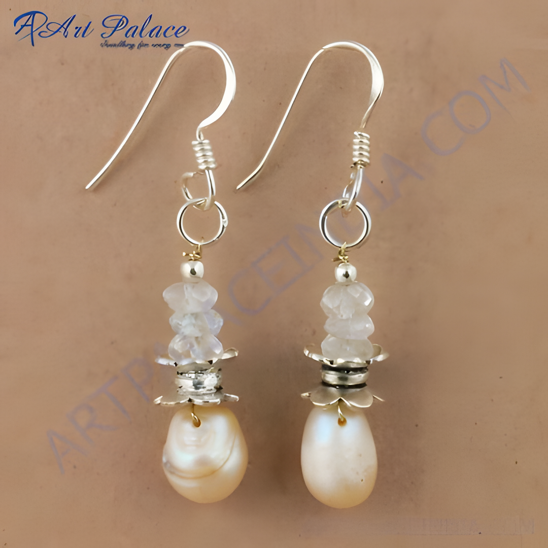 925 silver drop earrings featuring pearl and moonstone gemstones, elegant women's jewelry.