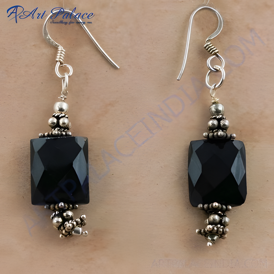 925 sterling silver dangle earrings with rectangular black onyx gemstones.