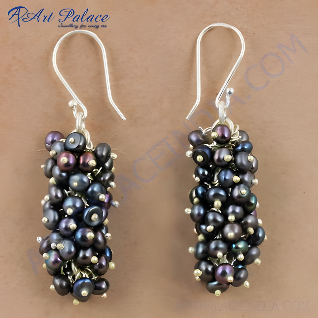 Sterling silver dangle earrings featuring clusters of lustrous black pearls, perfect for women.