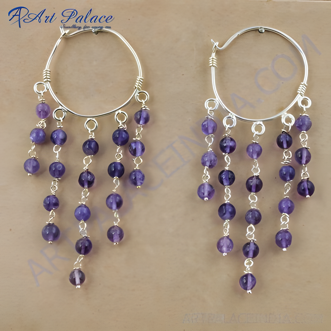925 sterling silver hoop earrings with cascading strands of purple amethyst beads, perfect gift