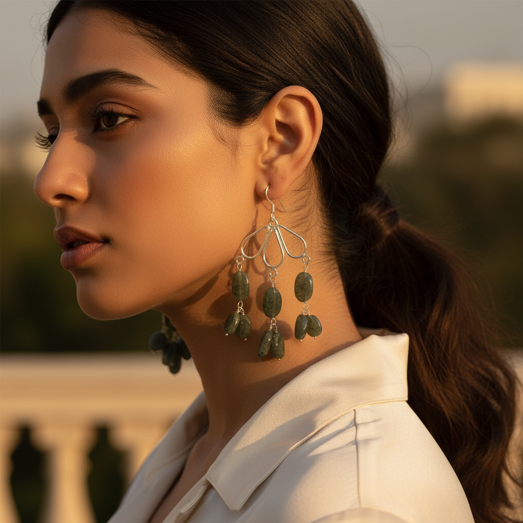 Silver Dangle Earrings with Green Gemstones | For Women