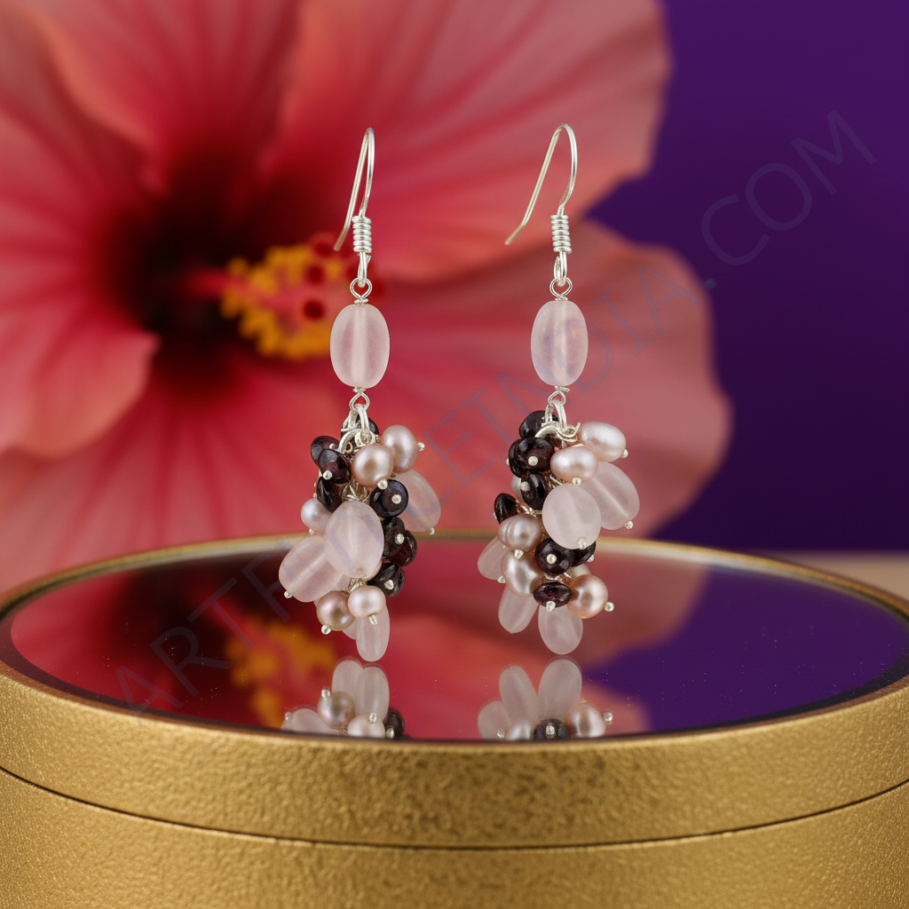 Rose Quartz & Pearl Cluster Earrings | 925 Silver | Gift for Her