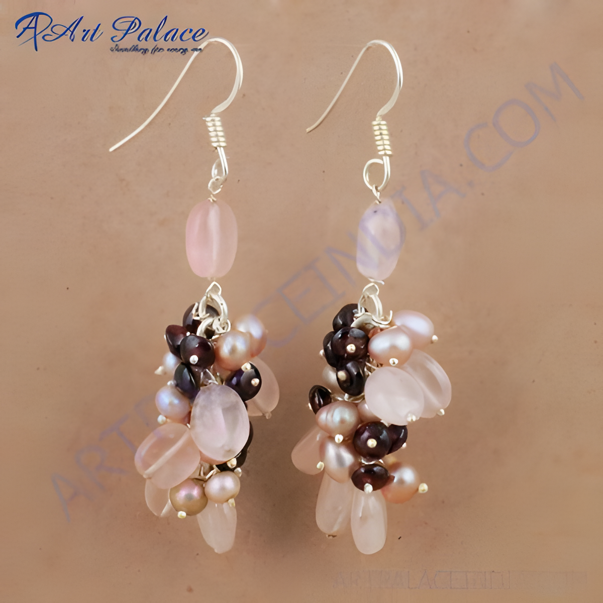 925 silver dangle earrings with rose quartz, pearls, and dark red gemstones in a cluster design