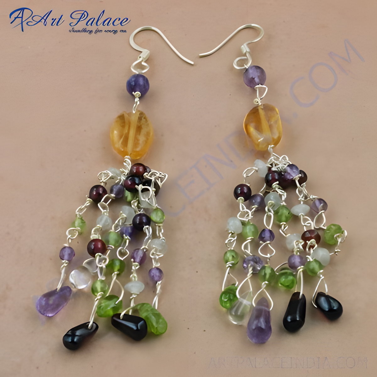 Sterling silver dangle earrings with amethyst, citrine, and peridot gemstones in a tassel design
