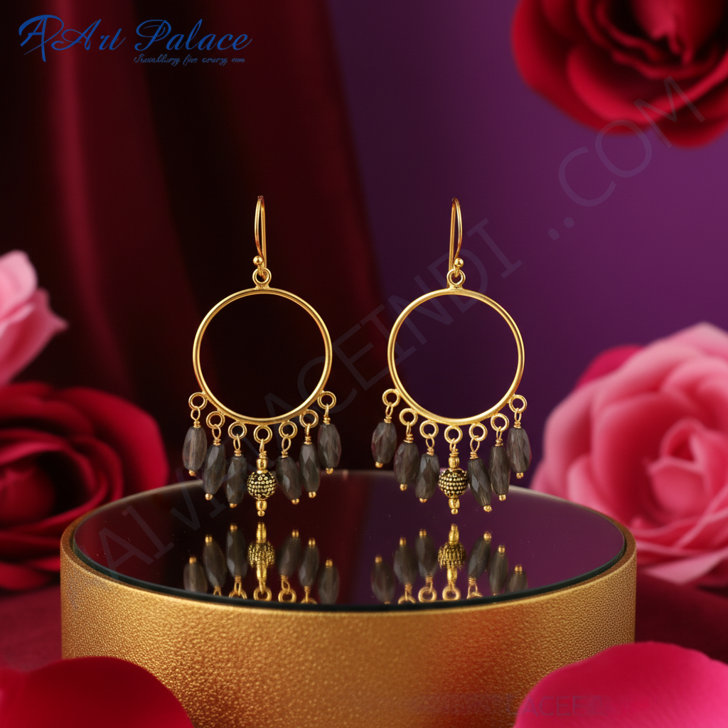 Gold hoop dangle earrings with grey gemstone beads | women's jewelry