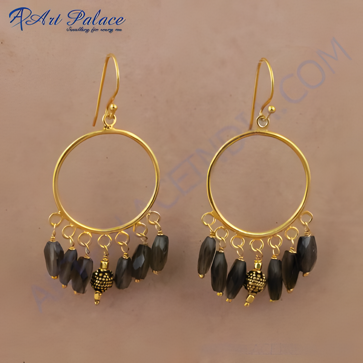 Gold hoop dangle earrings with grey gemstone beads for women, elegant and stylish jewelry