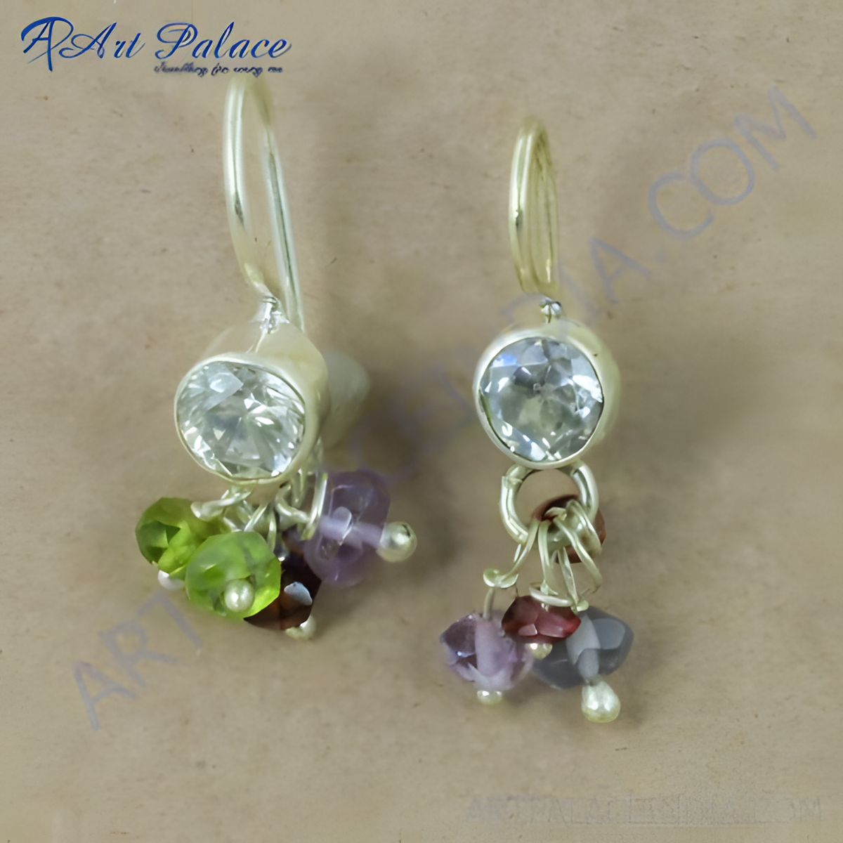 Sterling silver dangle earrings with clear gemstones and colorful peridot and amethyst accents