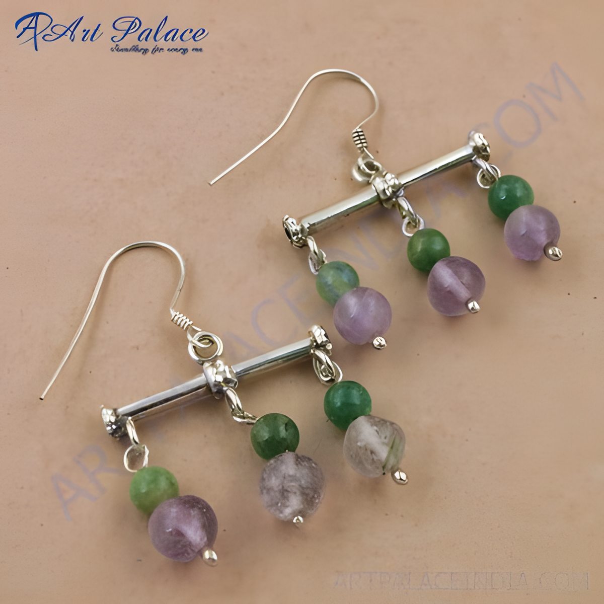 925 sterling silver drop earrings with amethyst and green gemstones