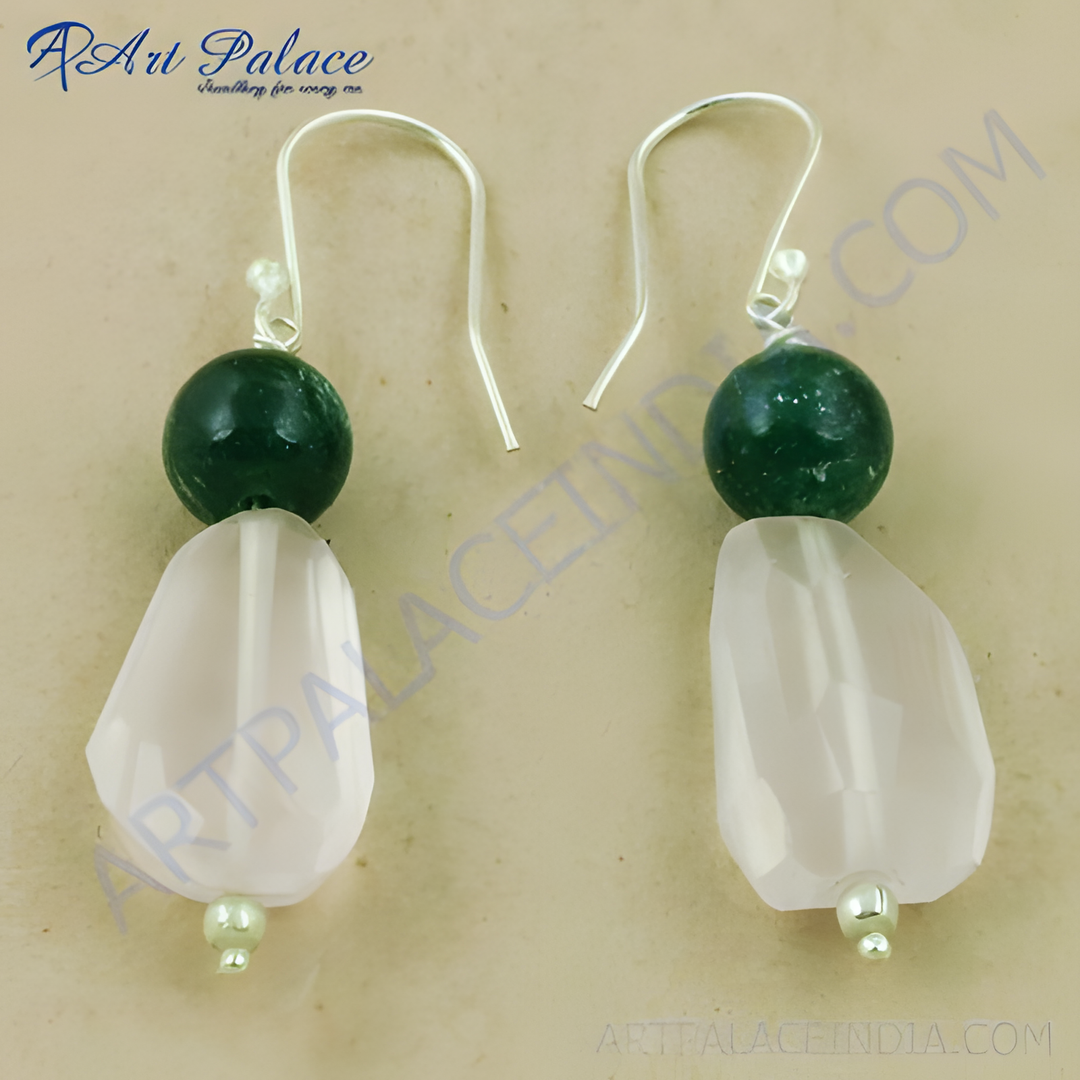 Sterling silver dangle earrings featuring rose quartz and green onyx gemstones, perfect for women.