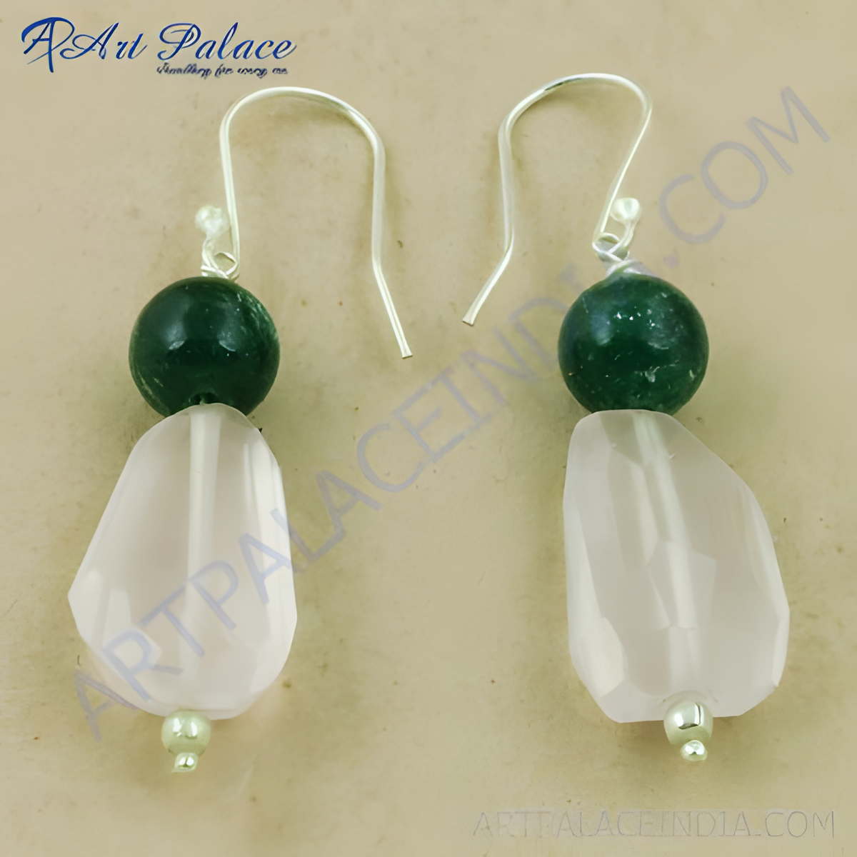 Sterling silver dangle earrings featuring rose quartz and green onyx gemstones, perfect for women