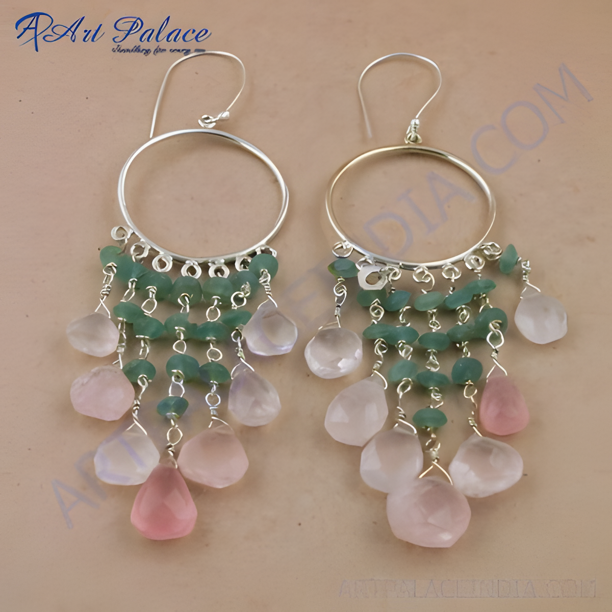 925 silver dangle earrings with green and pink gemstones, showcasing a stylish design