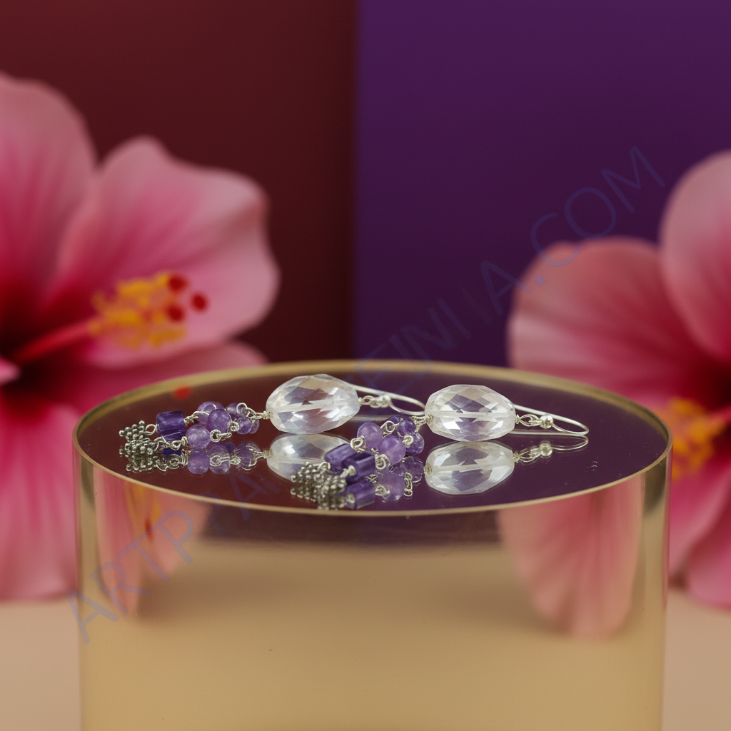 Silver Amethyst & Crystal Dangle Earrings for Women | Gift