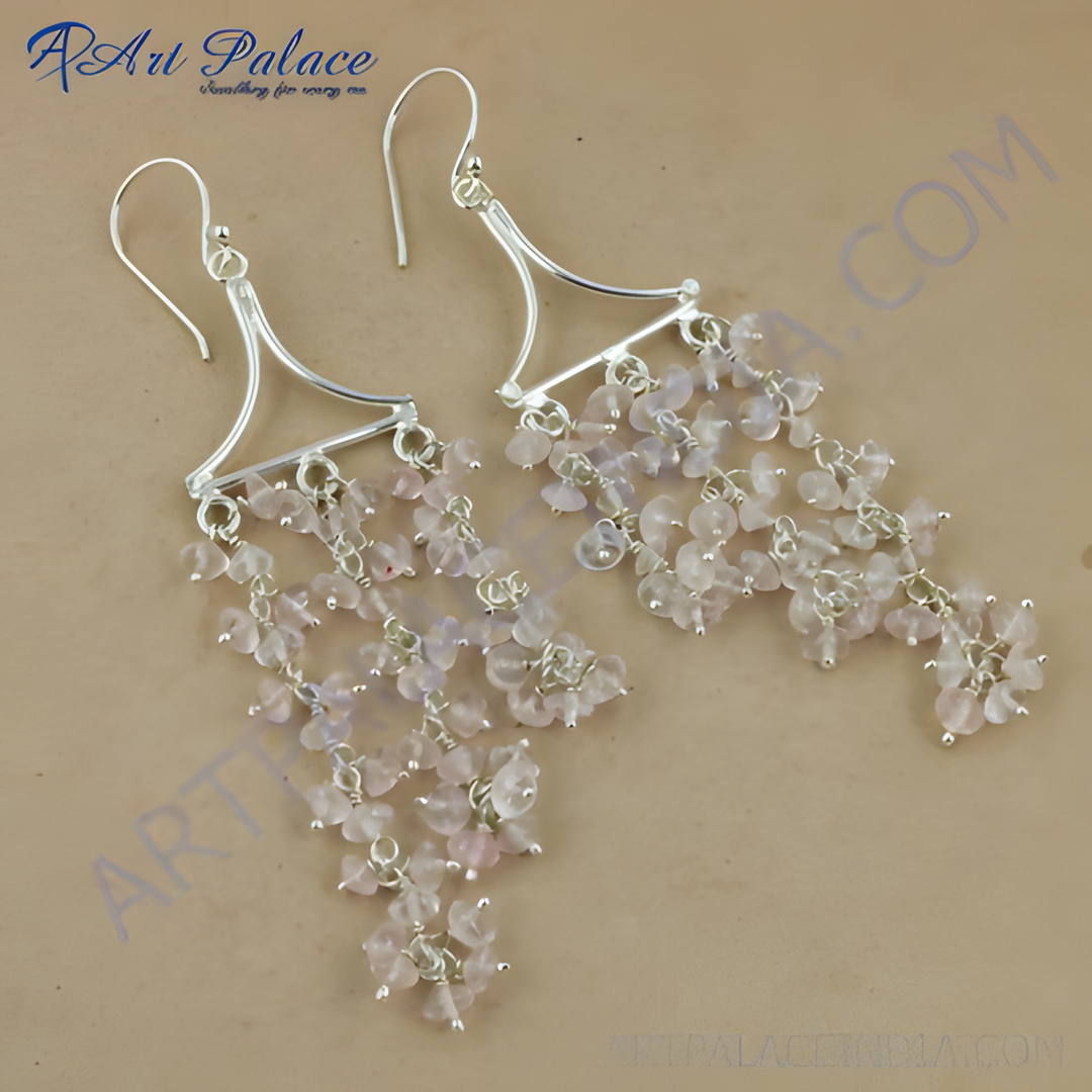 925 sterling silver dangle earrings with pink rose quartz gemstones, elegant and feminine.