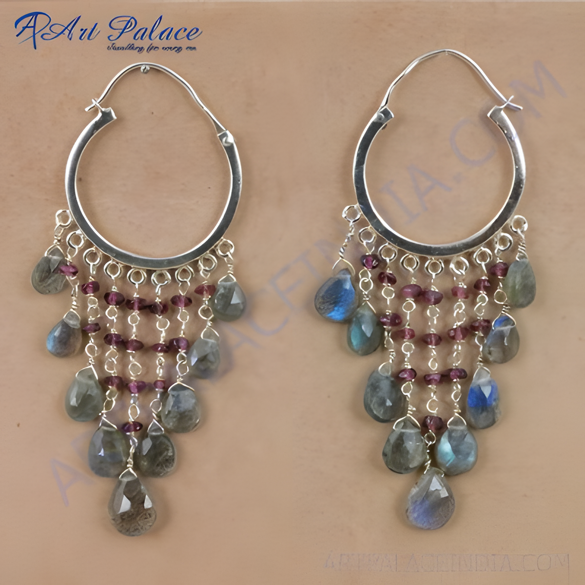 925 sterling silver chandelier earrings featuring labradorite and garnet gemstones in a dangling design