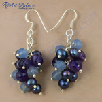 Load image into Gallery viewer, Silver cluster earrings featuring pearls and blue and purple gemstones, elegant fashion jewelry.
