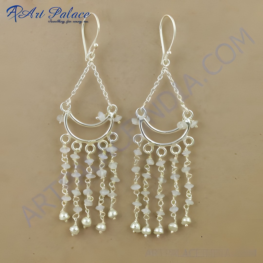 925 sterling silver dangle earrings featuring moonstone and pearl accents. Elegant silver earrings for women.