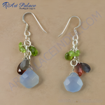 Load image into Gallery viewer, 925 sterling silver chalcedony dangle earrings with green peridot accents.
