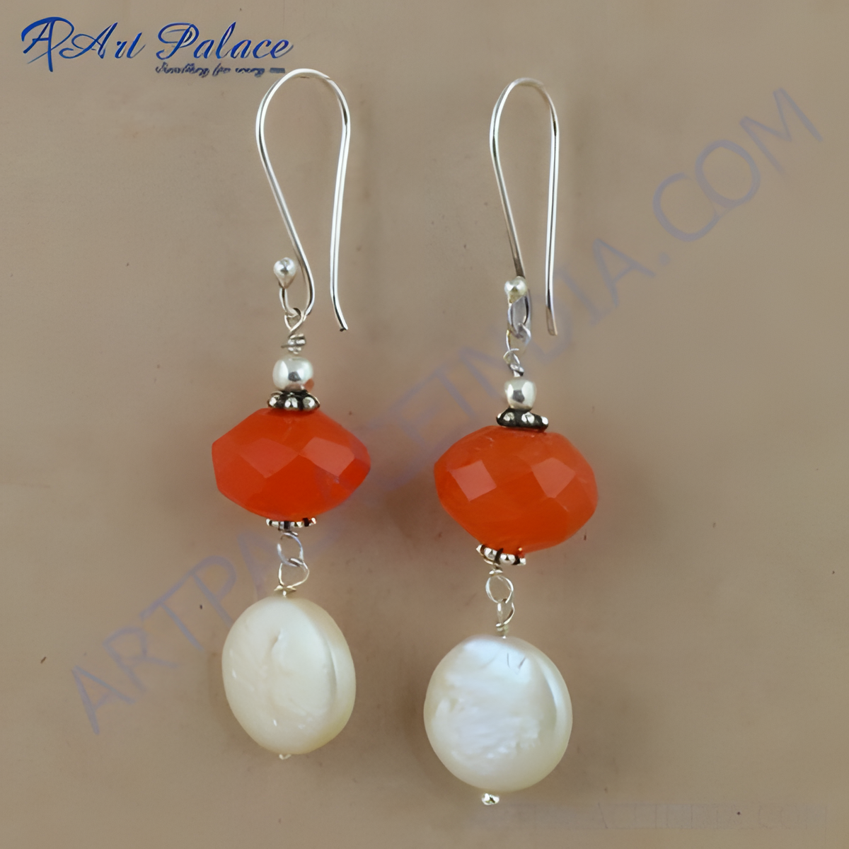 925 sterling silver dangle earrings with orange gemstones and white pearl drops