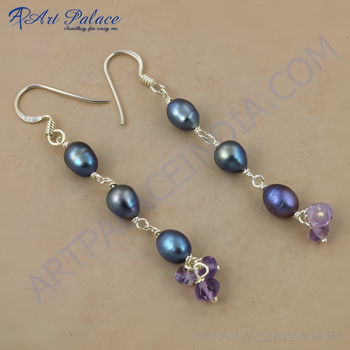 925 sterling silver drop earrings with dark blue pearls and purple amethyst gemstones