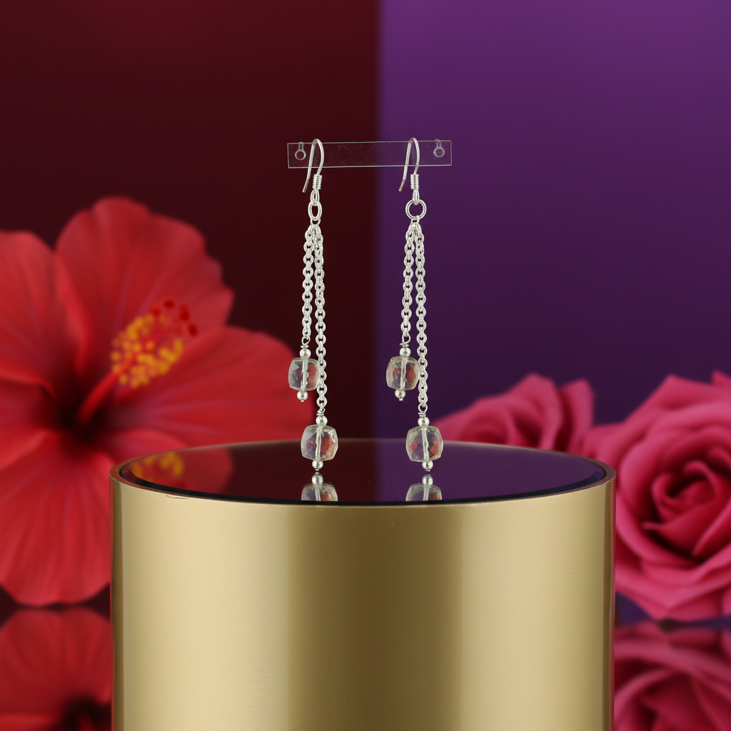 925 Silver Chain Dangle Earrings with Green Gemstone for Women