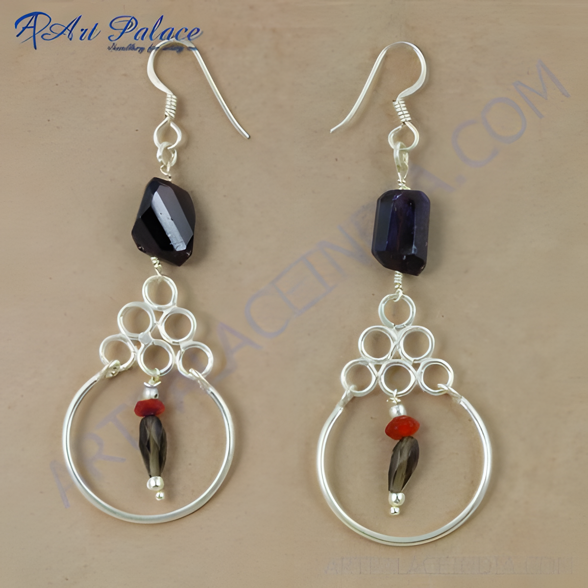 925 sterling silver dangle earrings with faceted black and purple gemstones and a unique circle design