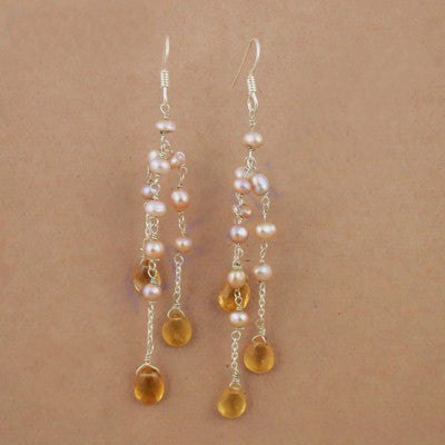 925 Silver Pearl & Citrine Drop Earrings for Women | Dangle Earrings