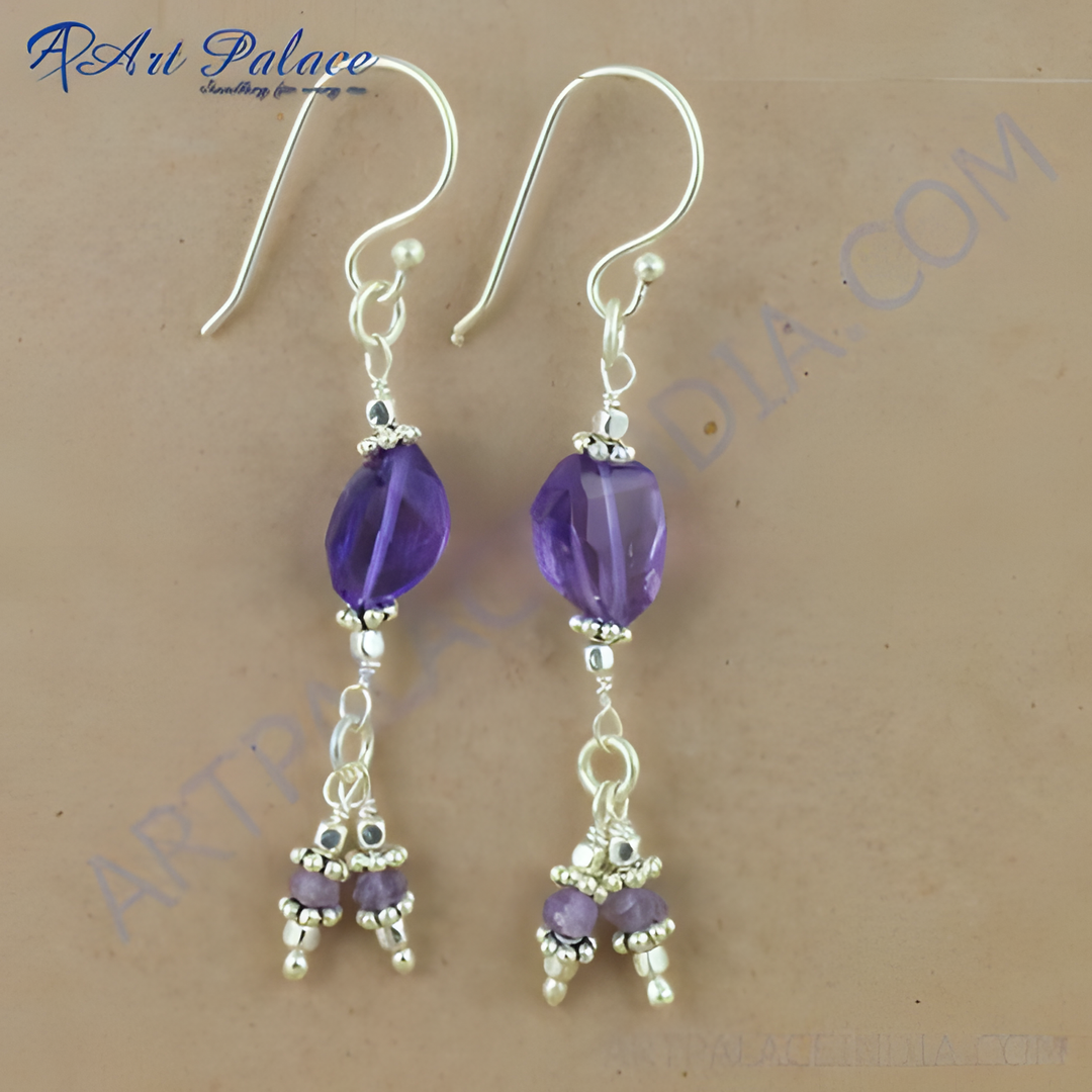 Sterling silver drop earrings with faceted purple amethyst gemstones