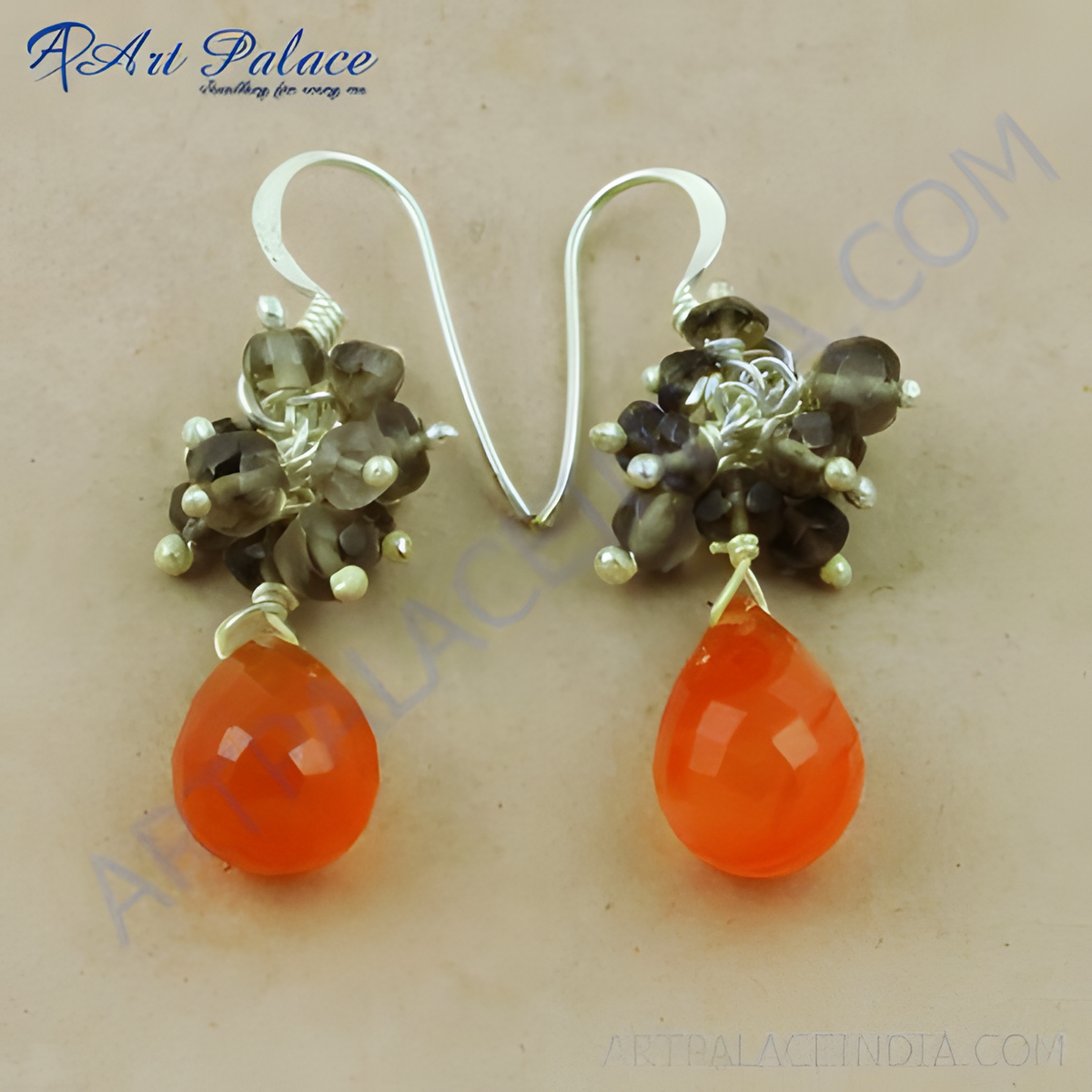 925 sterling silver dangle earrings with vibrant orange carnelian drops and smoky quartz accents