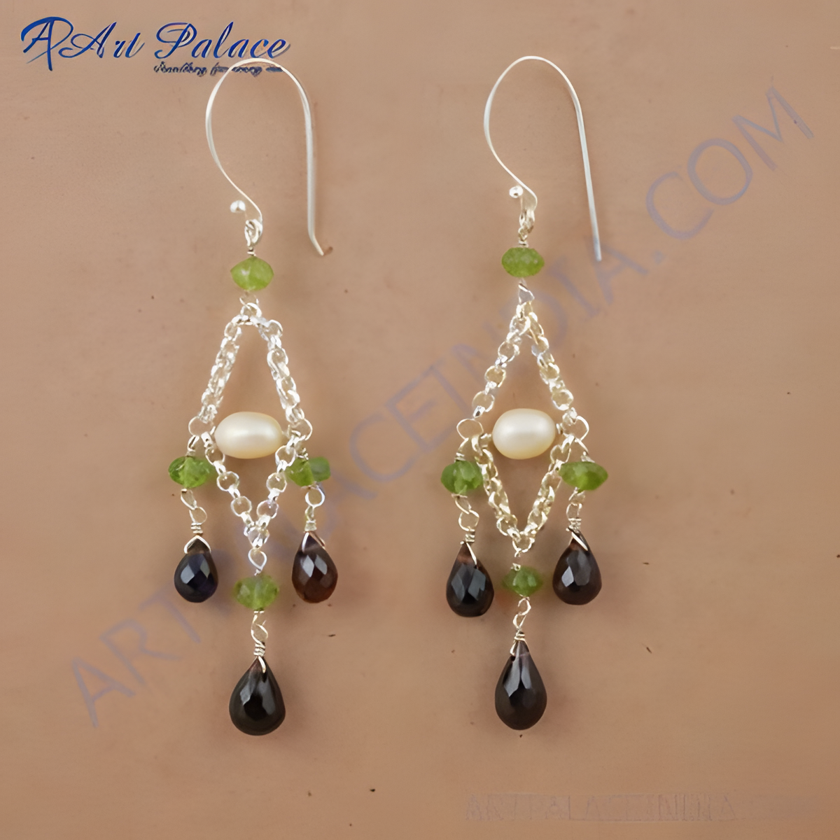 925 sterling silver dangle earrings featuring green and black gemstones, perfect for any occasion