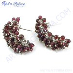 Load image into Gallery viewer, Silver cluster earrings featuring round, deep red garnet gemstones for women.

