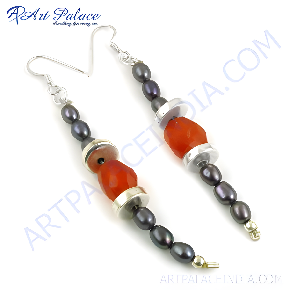 Sterling silver dangle earrings with grey pearls and faceted orange carnelian beads