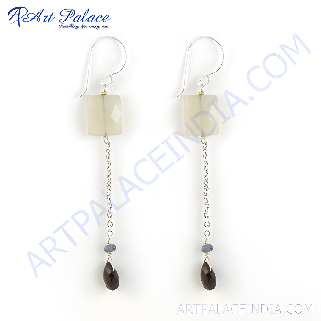 Sterling silver dangle earrings with light gemstones and smokey quartz teardrop.