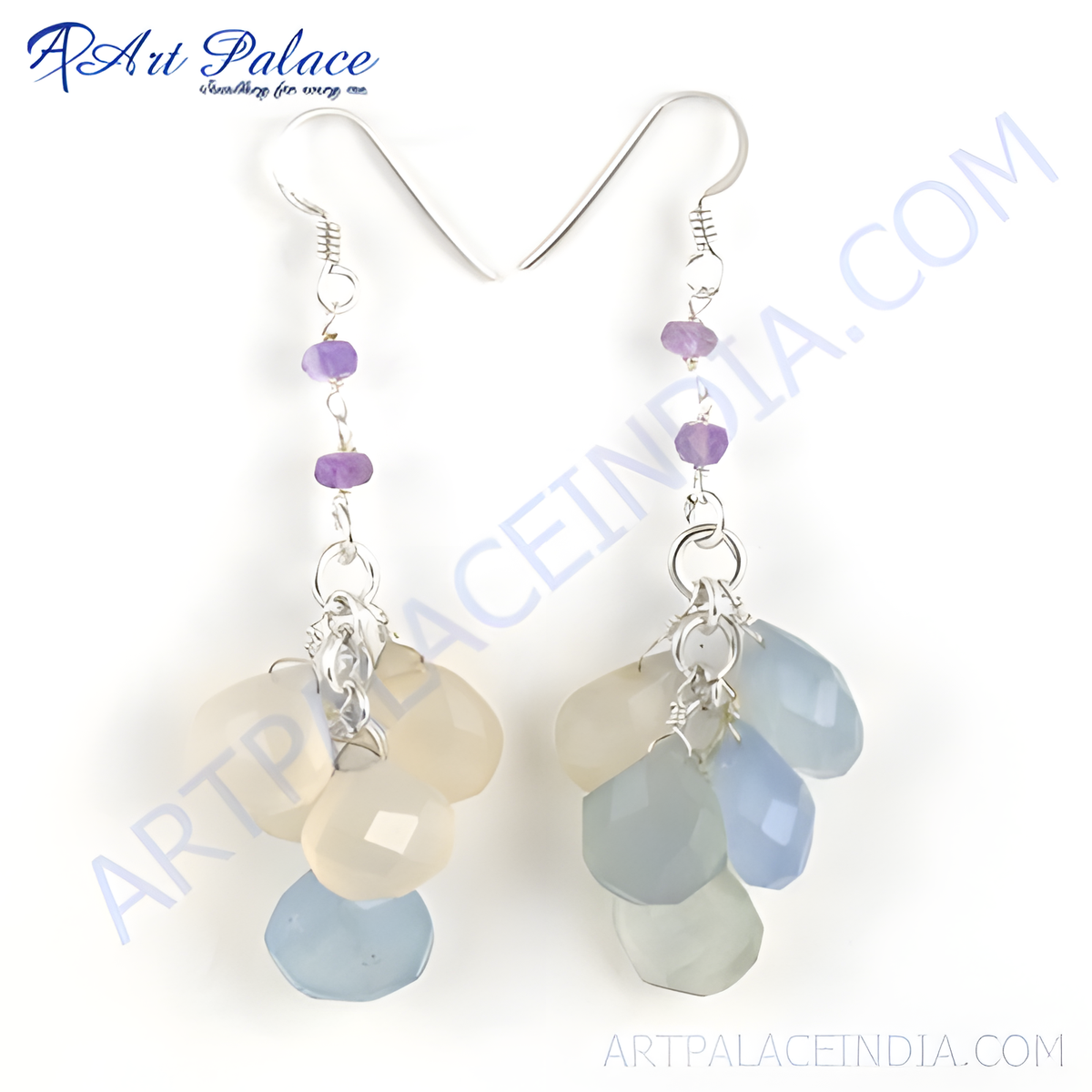925 sterling silver gemstone drop earrings with blue and off white colored gemstones
