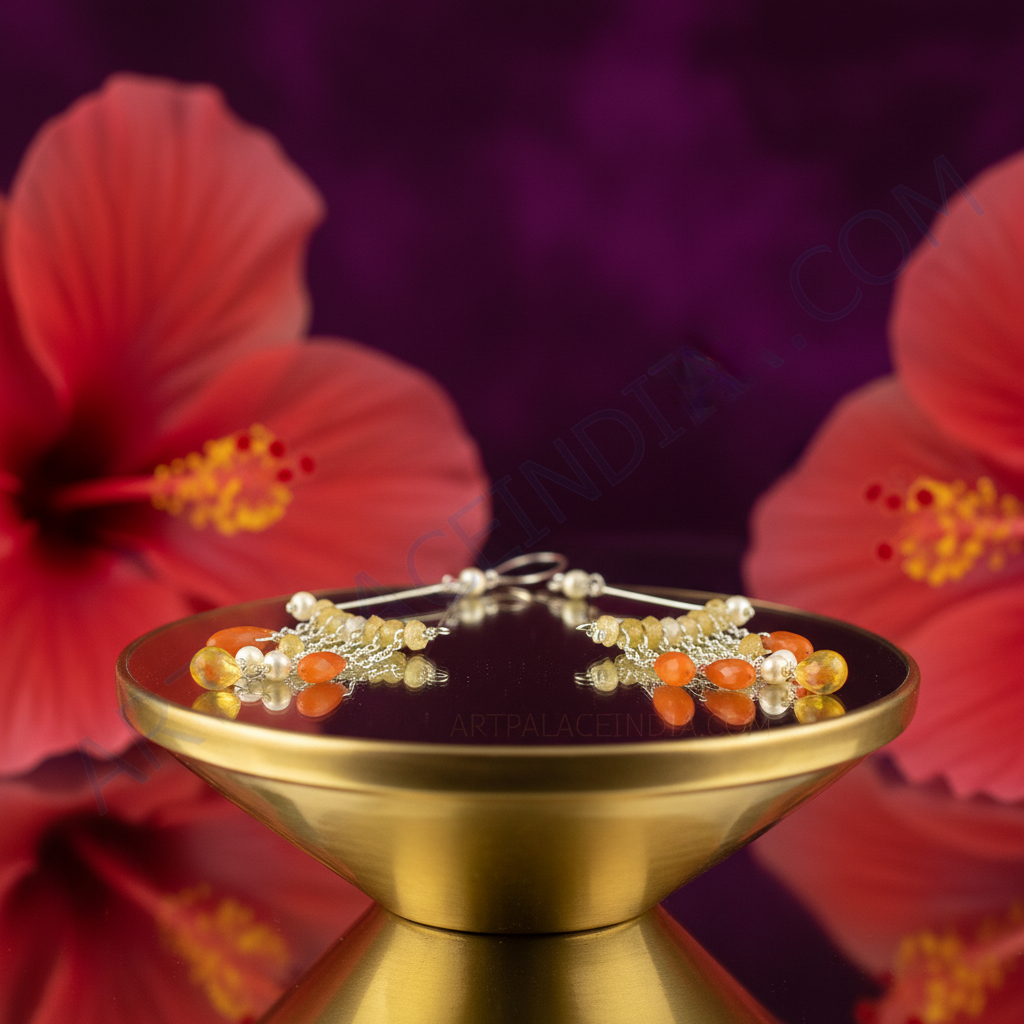 Silver dangle earrings with yellow & orange gemstones for women