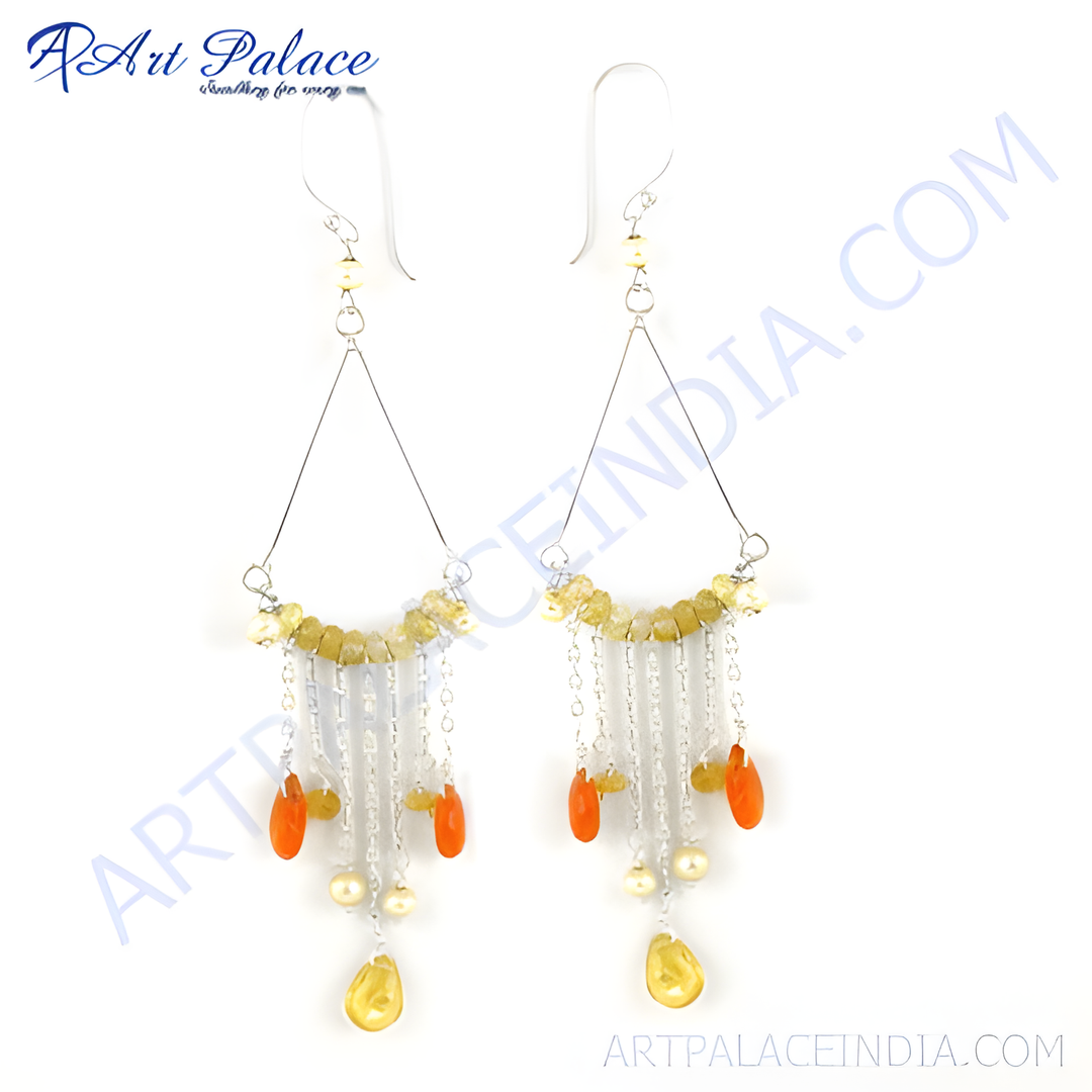 Silver dangle earrings with yellow and orange gemstones, perfect for women's fashion jewelry.