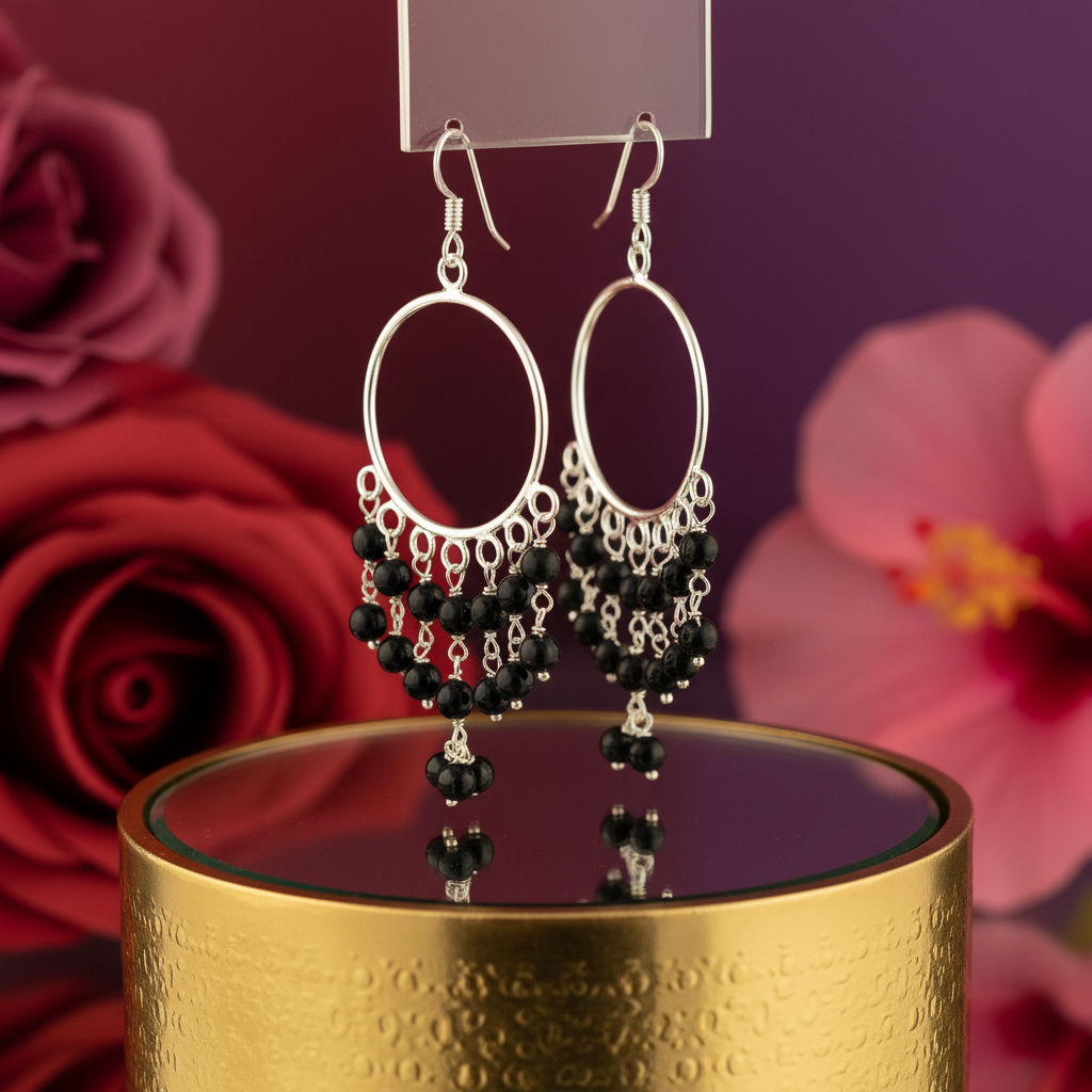 925 Silver Black Bead Chandelier Earrings for Women